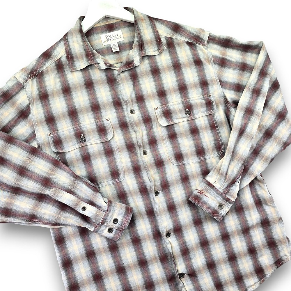 Ryan Michael Mens Medium Silk Cotton Plaid Button Down Shirt Burgundy Grey LS